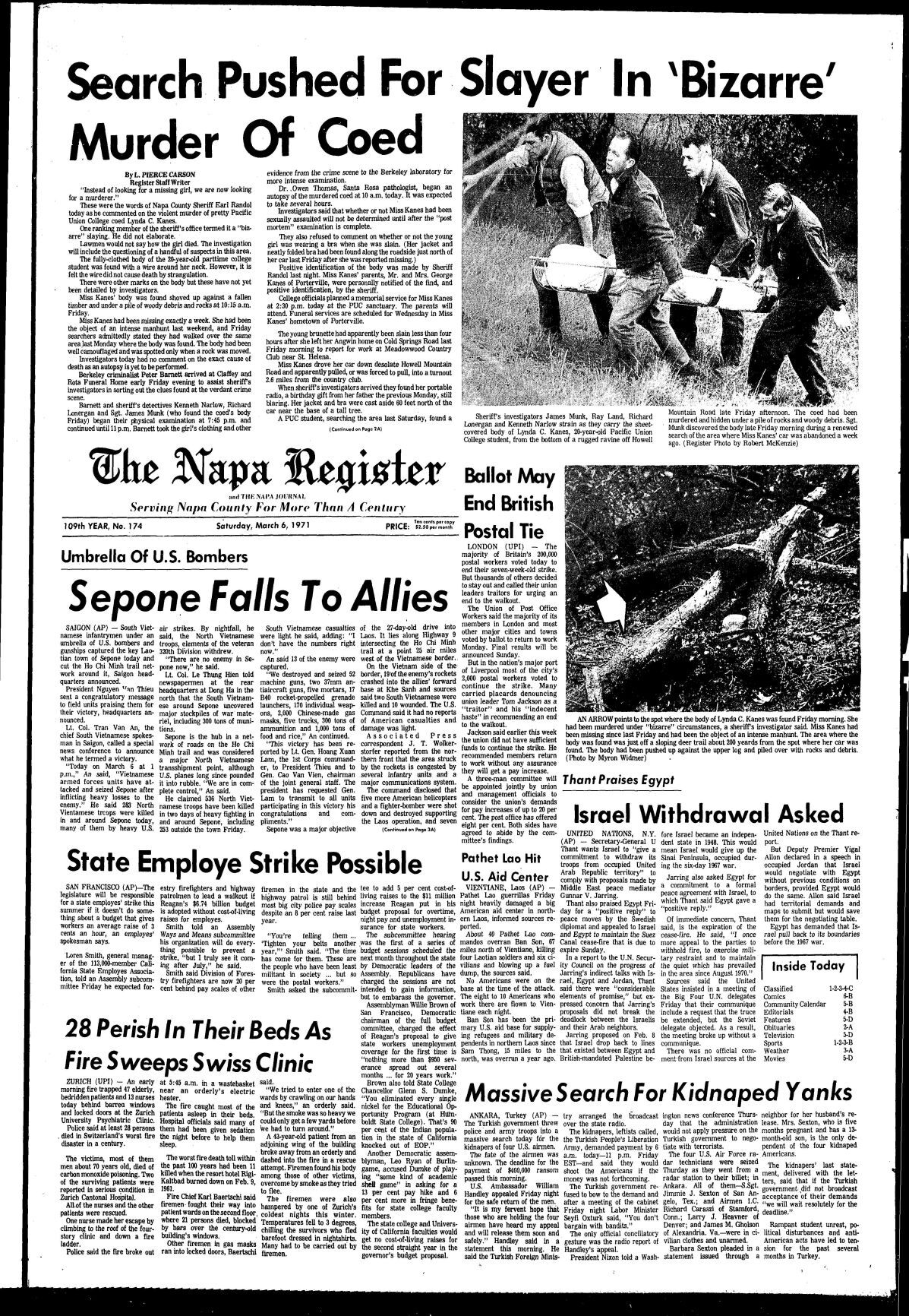 Willie the Woodcutter murder and Napa Register coverage: 03/06/71 page 1a